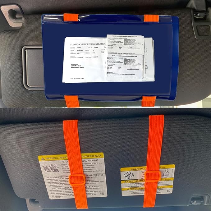 Florida, Document Holder for Vehicle Visor. Perfect for Insurance & Registration. Royal Blue Back, Orange Stretch Band, Orange Buckle, Made in USA