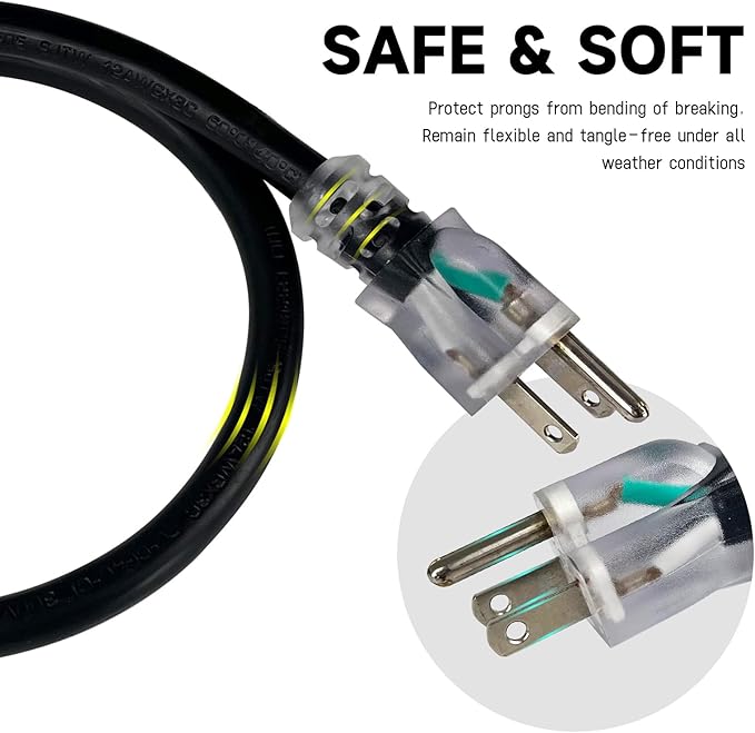 EP 30 Ft Lighted Outdoor Extension Cord - 10/3 SJTW Heavy Duty Black Extension Cable with 3 Prong Grounded Plug for Safety, UL Listed