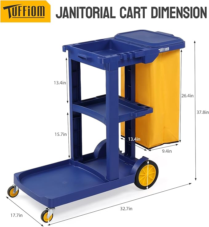 TUFFIOM Commercial Traditional Cleaning 3-Shelf Janitorial Cart, 500 Lbs Capacity Housekeeping Cart, Wheeled with Yellow VinylBag and Cover w Lid, Blue,