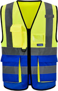 SMALL High Visibility REFLECTIVE Safety Vest Yellow Blue with 4 Reflective Strips 7 Pockets