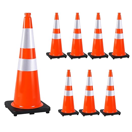 28" Orange PVC Construction Cones - 8 Pack with Reflective Collars & Black Base, for Roadwork, Parking, and Crowd Control Safety