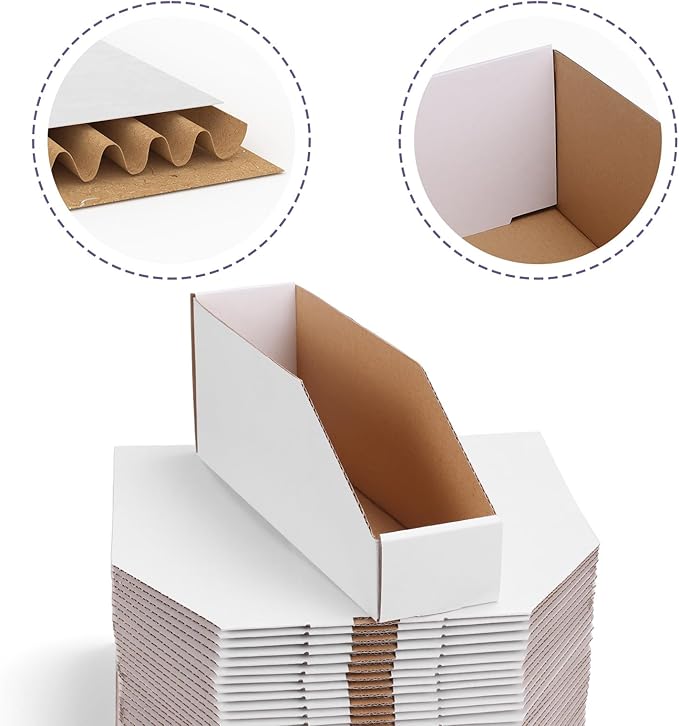 EXYGLO Cardboard Storage Bins 35 Pack, 12x3x4.5 Inch Cardboard Boxes, Corrugated Organizer Bins for Pantry, Shelves, Garage, Office, Shop, White