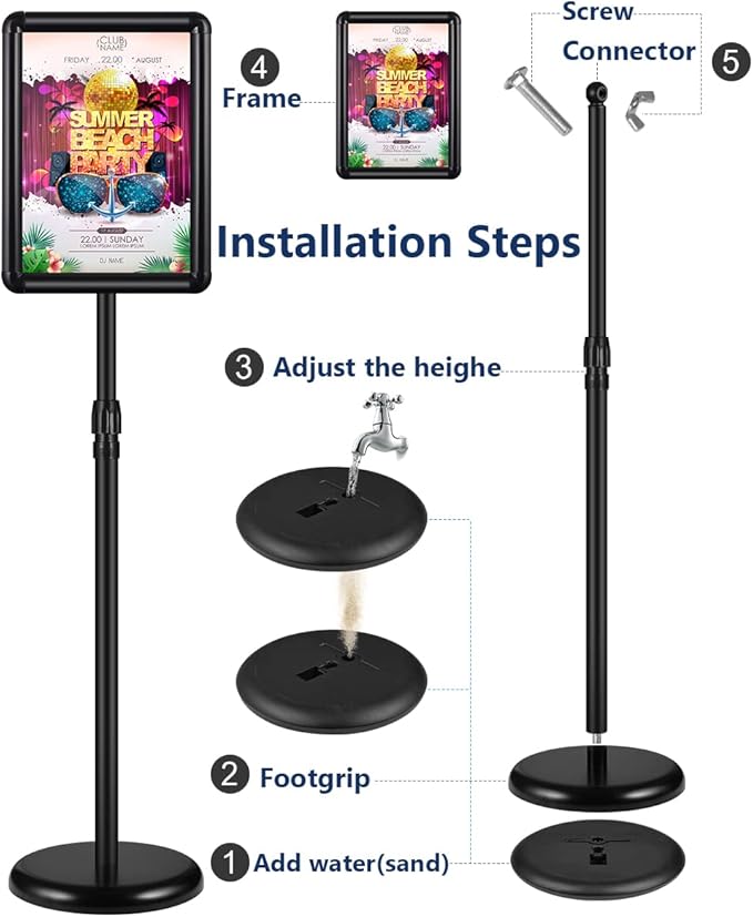 JACNITAD 2 Pack Adjustable Sign Holder Stand with Base, 8.5 x 11 Inch Vertical and Horizontal View Sign Displayed, Snap Open Frame for School Store Business Advertise Show Christmas Decor, Black