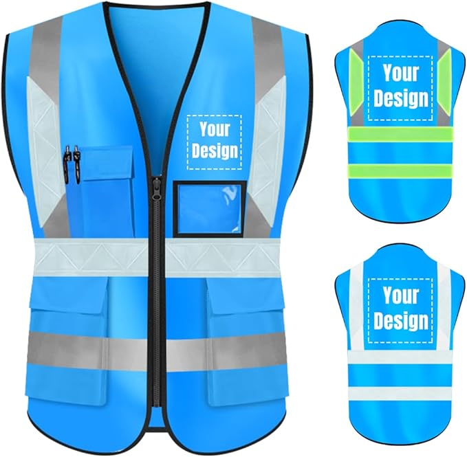 YOWESHOP High Visibility Safety Vest Custom Your Logo Protective Workwear 5 Pockets With Reflective Strips Outdoor Work Vest (L, Blue Luminous)