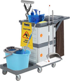 Janitorial Cart with 2 Cabinet, Commercial Traditional Janitorial 3-Shelf Cleaning Cart On Wheels with Cover and Vinyl Bag, Grey