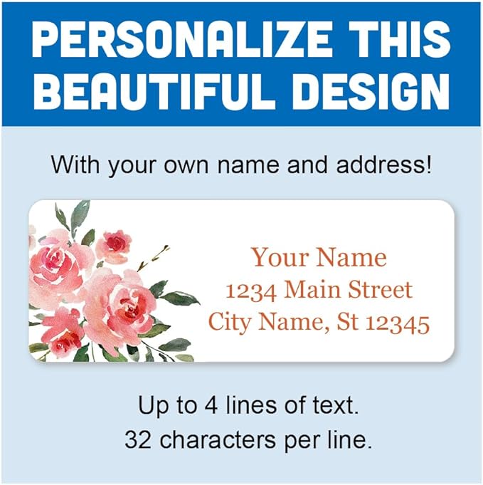 Personalized Return Address Labels - Delicate Watercolor Flowers - Self Adhesive Stickers (60-1000 Full Color Labels)