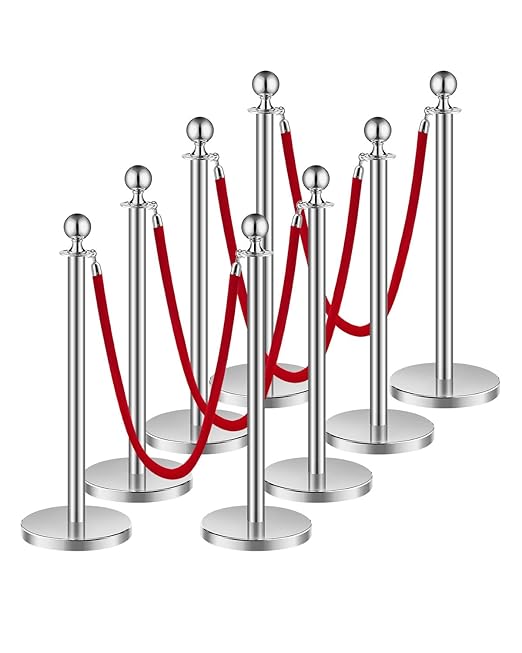 VEVOR Stanchions and Velvet Ropes 8Pcs, Hollow Base with Stainless Steel Post, 4 Red Velvet Ropes and Posts, Crowd Control Barriers Silver Stanchions, Red Carpet Runner Poles for Party Supplies
