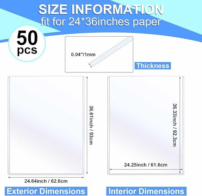 Sherr 50 Pcs Rigid Print Protectors Fit 24 x 36 Inch Poster Paper, Page Protectors Plastic Poster Sleeves PVC Clear Sheet Holder to Display Photo Document Magazine Certificate