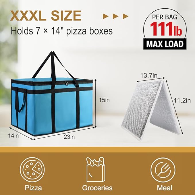 XXXL Insulated Food Delivery Bag - Reusable Thermal Cooler Grocery Bags for Catering & Delivery, Pizza Carrier for Events, Large Capacity Bag Keeps Food Hot/Cold for Shopping, Commercial (with Base)