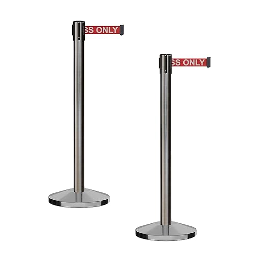 CCW Series RBB-100 - Set of 2 Stanchion Retractable Belt Barriers (7.5 Foot Belt, Red with"Authorized Access ONLY" White Letters Belt with Satin Stainless Steel Post)