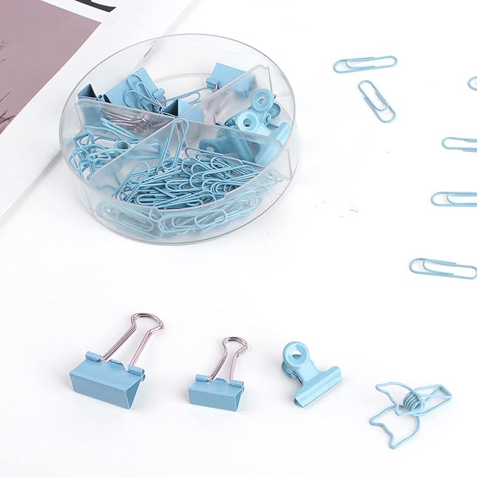 Blue Paper Clips and Binder Clips Set, Metal Assorted Sized Binders with Push Pins, Cute Office Supplies for Desk, Desk Accessories