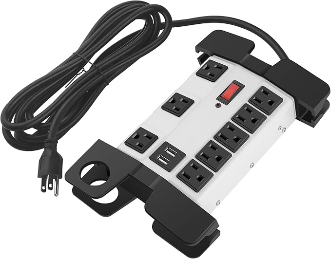 Heavy Duty Power Strip with USB, Workshop 8 Outlet Surge Protector 2700 Joules, Grey Industrial Metal 15Amp Power Strip, 15FT Extension Cord and Wide Spaced.
