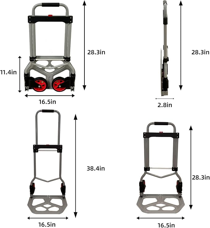 LEADALLWAY Dolly Cart Folding Hand Truck and Dolly,Steel Portable Cart with Telescoping Handle and Nylon+Rubber Wheels 220 lb Capacity