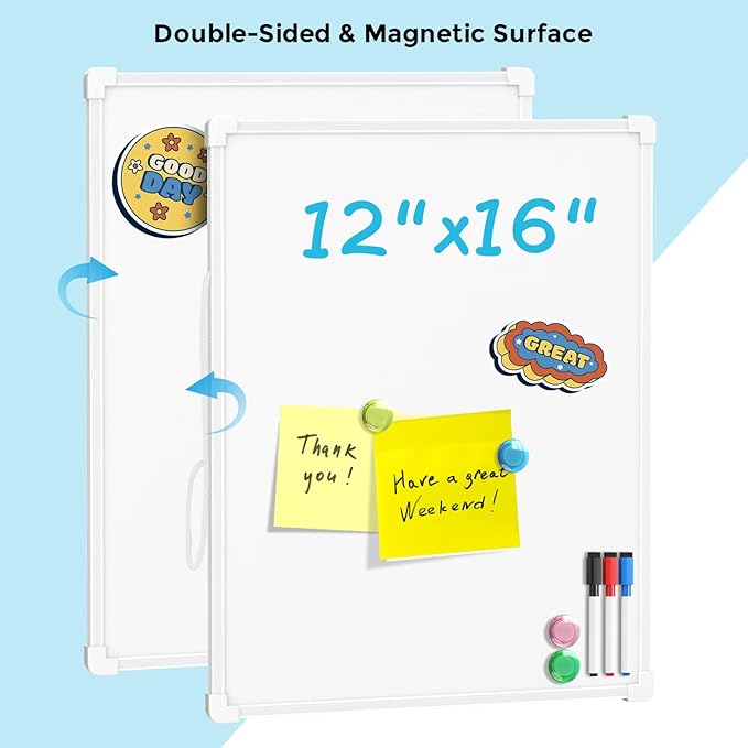 MaxGear Double-Sided Dry Erase Board for Wall, 16"x12" Hanging Whiteboard, Small Dry Erase White Board with 3 Markers & 4 Magnets, Portable Whiteboard for Planning, Drawing, Memo, to Do List