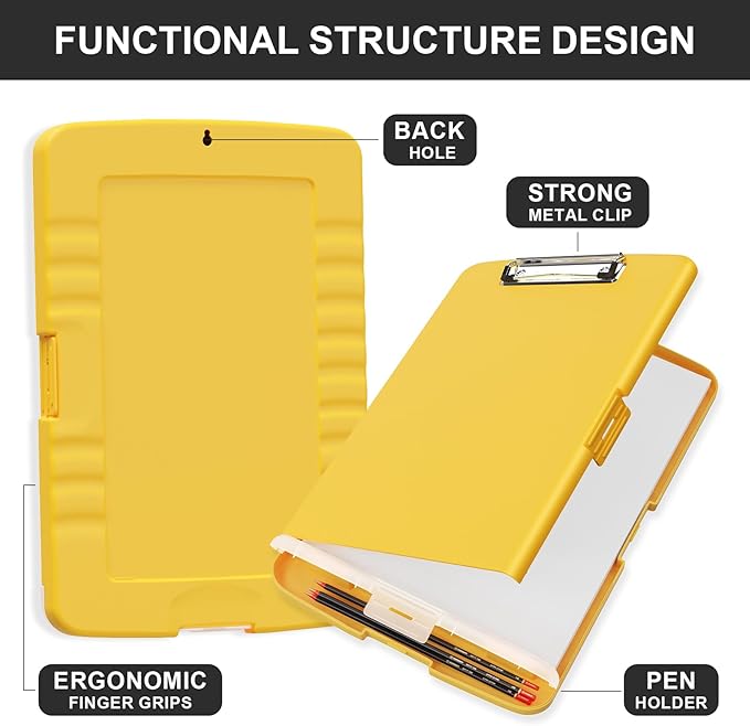 Plastic Clipboard with Storage, 8.5 x 11 Storage Organization Box Side-Opening, Heavy Duty Clip Board with Pen Holder and Paper Folder for Nurses, Teachers, Office & School Supply, Yellow