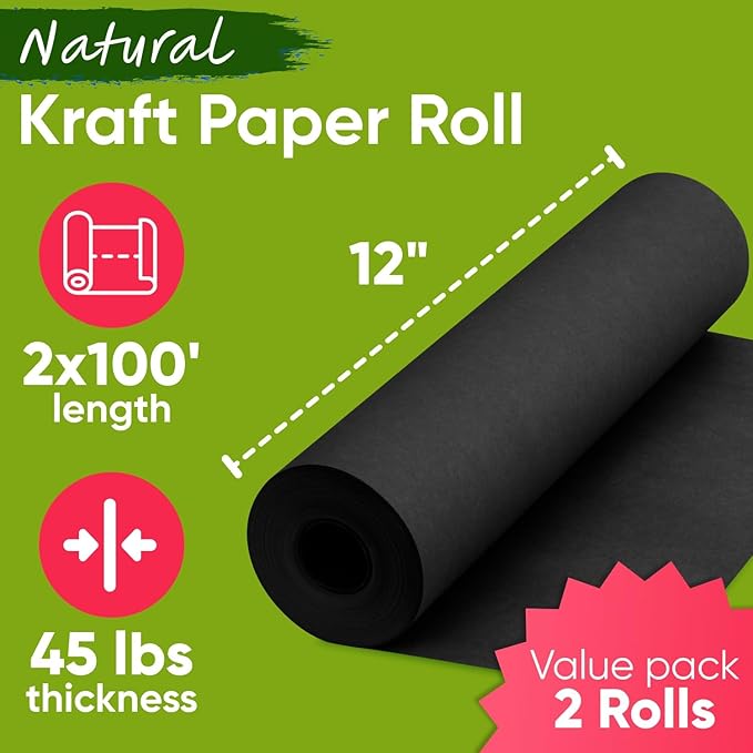 12" x 1200" (100 ft) Black Kraft Paper Roll (Value Pack of 2), 45 lbs Thickness, Made in USA Colored Kraft Paper for School, Bulletin Board - Odorless, Non-Toxic, Safe for Kids
