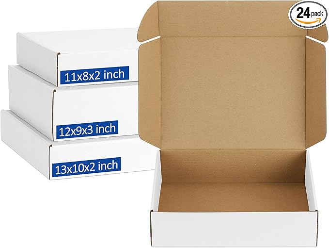 Assorted-Sizes-Shipping-Boxes-24-Pack: 11x8x2 & 12x9x3 & 13x10x2 Small-Shipping-Boxes-Mailers, White Corrugated-Cardboard-Boxes-for-Packing-Small-Business Mailing
