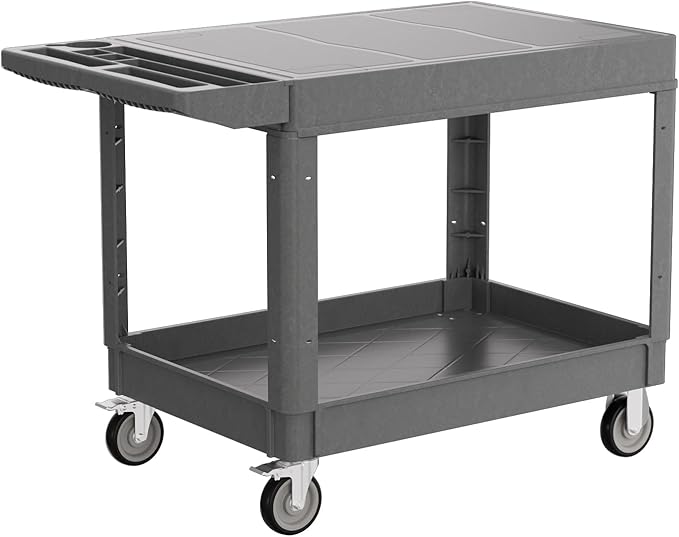 2-Tier Rolling Tool Cart,Heavy-Duty Plastic Service Cart with Lipped Shelves,550 lbs Capacity Utility Cart,Flat Top 46 x 26 Inch Rolling Work Carts for Garage,Salon,Kitchen,Office-Gray