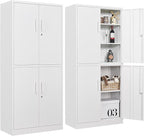 Metal Storage Cabinet with 3 Adjustable Shelves,White Storage Cabinet with Lock,71" Lockable Metal Cabinets with Locking Doors,Tall Steel Pantry Cabinets 4 Door for Home,Office,Garage,Bathroom,Kitchen