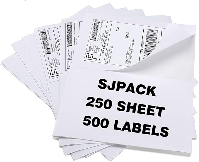 SJPACK Half Page Self Adhesive Shipping Labels, 8.5" x 5.5" Shipping Labels Compatible Laser & Inkjet Printer 2 Label Per Sheet (250 sheets-500 Label)