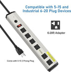 CCCEI Heavy Duty Power Strip Surge Protector 20 Amp, High Amp Industrial Shop Garage Metal Multiple Outlets, 6 FT 12 Gauge 5-15P Extension Cord 6 Outlet 6-20R T-Slot 20a for Appliance.