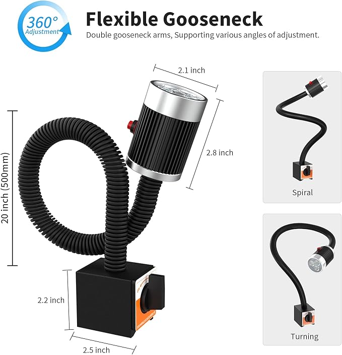 Magnetic Work LIght, 9W Led Flexible Gooseneck with Adjustable Magnetic Base For Lathe Machine Milling Drill Press Workbench Industrial Lighting