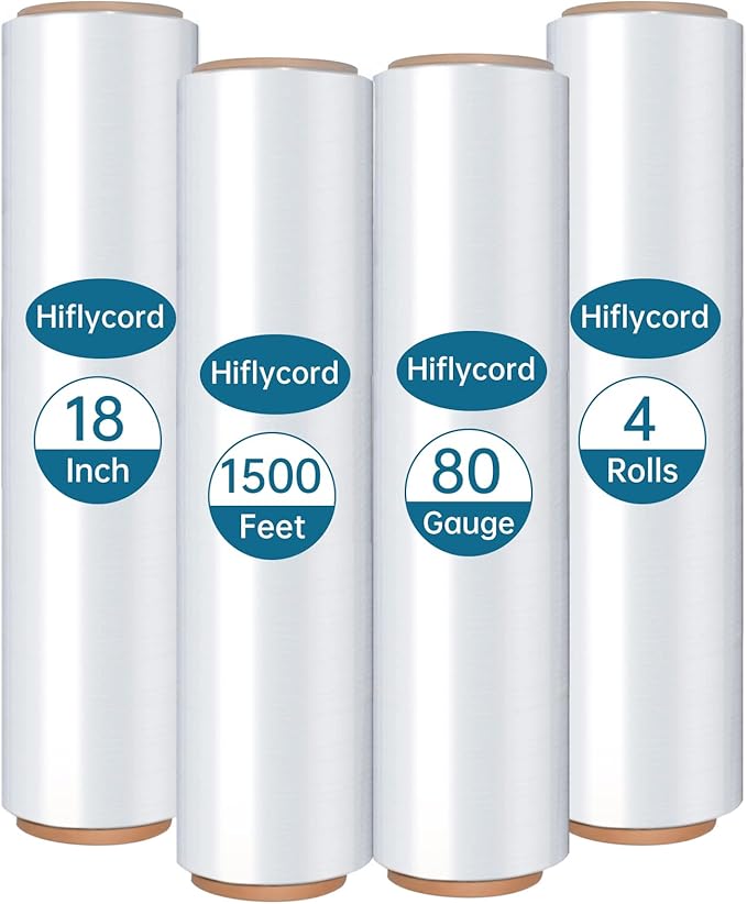 Stretch/Shrink Wrap Roll 18 Inch 1500ft,Heavy Duty 800% Stretch,Clear 80 Gauge Industrial Strength Stretch Film,Plastic Wrap for Pallet Wrap for Pallets,Packing, Shipping&Furniture Protection(4 Roll)