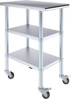 AmGood Stainless Steel Work Table with 2 Shelves and Casters | Metal Utility Table On Wheels (Stainless Steel Work Table with 2 Shelves + Casters, 18" Long x 30" Deep)
