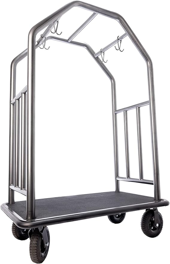 Coastal Luggage Cart Fully Assembled – All-Weather Resistant Stainless Steel Hotel Bell Cart w/Outdoor Rubber Deck & Air-Filled Tires, Trolley for Travel, Beachfront and Condo - 165 lbs (Hammertone)