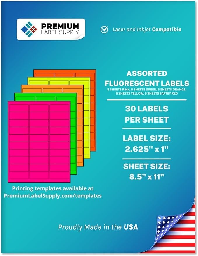 Premium Label Supply Bright Neon Color Fluorescent Stickers - 2.625" x 1" Address Labels - (Assorted Fluorescent, 750 Labels)
