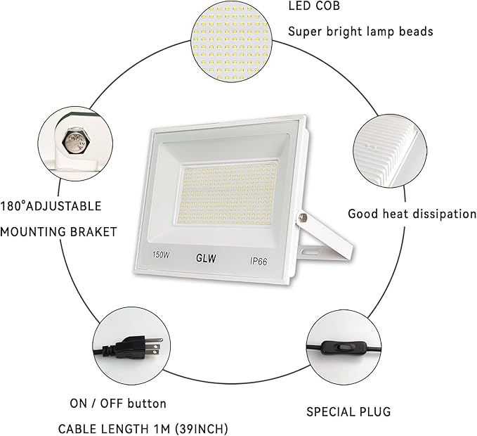 150W LED Flood Lights Outdoor 2 Pack,13000LM Super Bright Security Light, IP66 Waterproof Outdoor Floodlight,6500K Daylight White Exterior Spot Lights for Yard,Backyard,Stadium