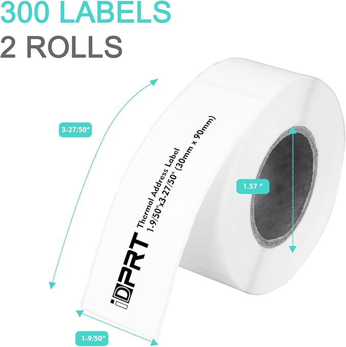 iDPRT Thermal Mailing Address Labels - 1.18"x3.54" (30mm90mm), 2 Rolls of 300pcs, Barcode Compatible With iDPRT, Rollo, DYMO, Zebra, Direct Thermal Sticker for QR Code, FBA