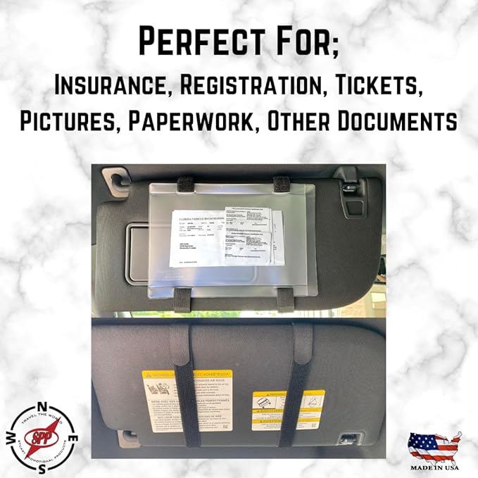 Car Registration and Insurance Holder Visor - Durable Elastic Band & Buckle Closure - Conveniently Stores Documents - Essential Car Accessory (Neon Yellow / White), Made in USA