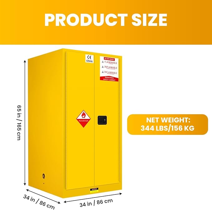 90 Gallon Yellow Flammable Storage Cabinet, Fireproof Steel Chemical Storage Locker with Adjustable Shelves, for Flammable Liquids, Industrial Use, Free Returns!