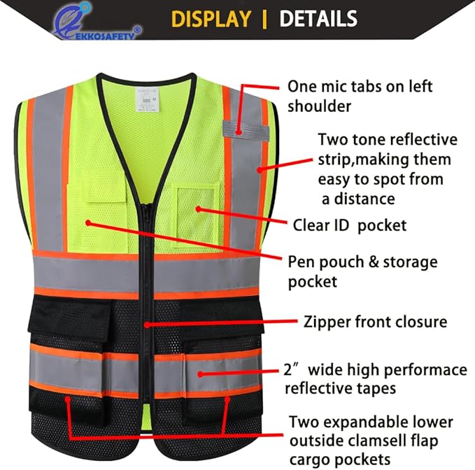 Reflective Mesh Safety Vest for Men Women with 5 Pockets and Zipper Front High Visibility Mesh Vest Hi Vis Construction Work Vest,Meets ANSI/ISEA Standards(EK175-Yellowblack-XL)