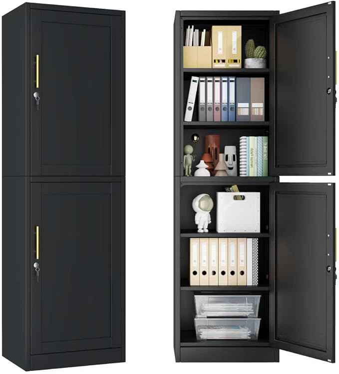 2 Door Metal Locker Cabinet, 19.7’’W Narrow Vertical Steel Storage Cabinet with Locking Door and 4 Adjustable Shelves, Garage Tool File Cabinets for Office, Kitchen, Bathroom, Black