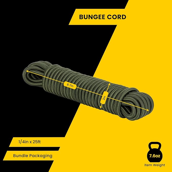 Bungee Cord Elastic Shock Cord 1/4" x 25' Bungee Rope for DIY, Tie Downs, Kayak and Outdoor - Army Green
