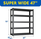 72''H Garage Shelving Heavy Duty,3000LBS Storage Shelves,5-Tier Adjustable Metal Shelve Storage Shelf Rack, Industrial Shelving Unit for Garage,Warehouse,Basement (47" W x 23.6" D x 72" H) 2PC