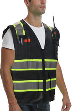 9 Pocket Hi Vis Safety Vest with Reflective Strips, Zipper Construction Work Vest for Men & Women, Black, 5XL