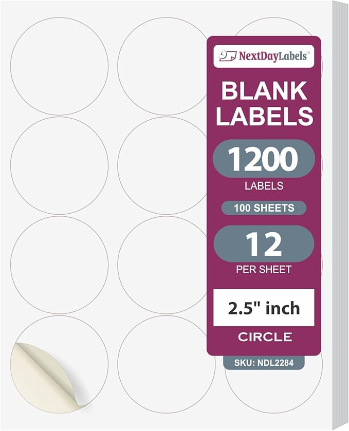 NextDayLabels 2.5 Inch Round Stickers for Printer - Matte White Blank Laser/Inkjet Printable Circles - 100 Sheets, 12 Per Sheet, 1200 Labels