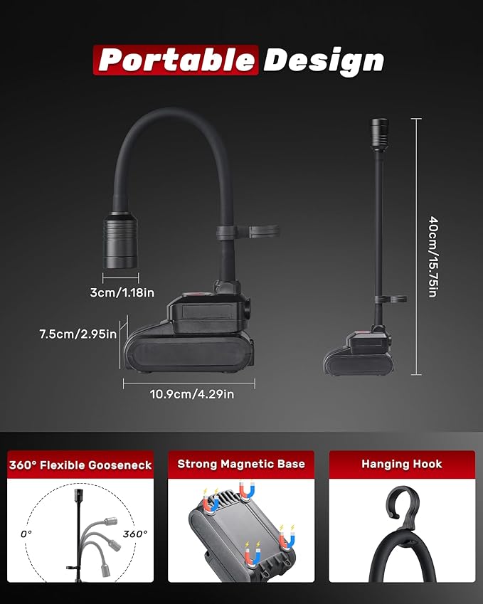 Magnetic Work Light, 4400mAh Rechargeable Flexible Gooseneck Work Light with Hanging Hook, 1000 Lumens 3 Modes LED Machine Light for Work Bench, Lathe, Sewing Machine, Grill, Black