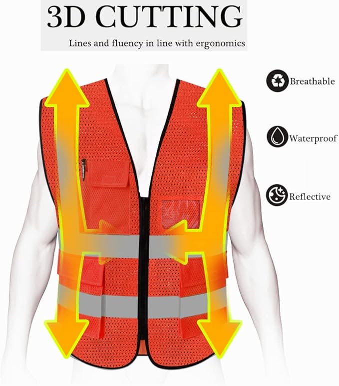 HYCOPROT High Visibility Mesh Safety Reflective Vest with Pockets and Zipper, Meets ANSI/ISEA Standards