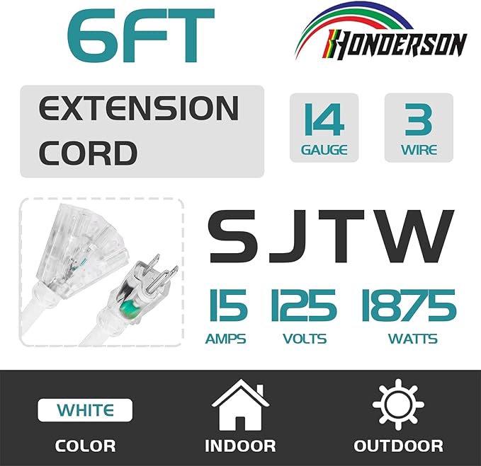 3-Outlets Indoor Outdoor Extension Cord Weatherproof with Lighted End, UL Listed, 14 Gauge 6FT White 3 Prong Heavy Duty, 14/3 SJTW 15A Power Cord