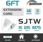 3-Outlets Indoor Outdoor Extension Cord Weatherproof with Lighted End, UL Listed, 14 Gauge 6FT White 3 Prong Heavy Duty, 14/3 SJTW 15A Power Cord