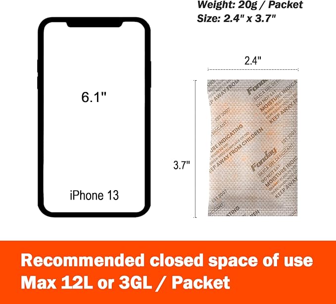 20g x 100 Packs Fonday Rechargeable Silica Gel Desiccant Packets Food Grade Fast Reactivate Desiccant Bags Moisture Indicating Orange to Green for Food Storage, Electronics, 3D Filament & Safes