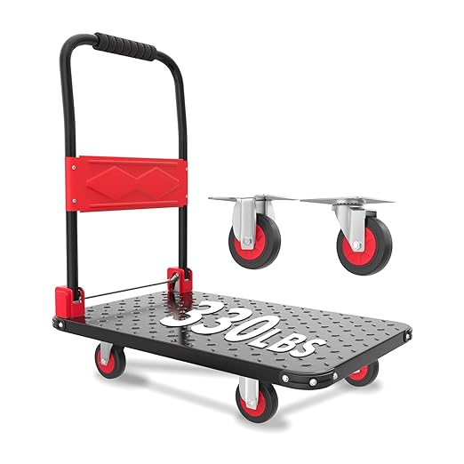 Foldable Platform Push Cart Dolly – 330lbs Heavy Duty Flat Bed Cart with 360° TPR Mute Wheels & Anti-Collision Strips, Easy Maneuver for Household Tasks & Moving, Black Red