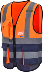 A-SAFETY High visibility vest,Reflective Safety Vest Workwear 7 Pockets Hi Vis Durable Vest with Reflective Tapes 4 Lower Pockets,Orange&Navy XXL