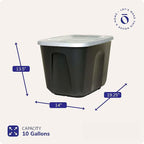 HOMZ Durable Molded Bin, Plastic Storage Container with Lid, 10 Gallon, Black/Silver - Stackable Organizer Totes and Boxes for Bedroom, Kitchen, and Garage Organization