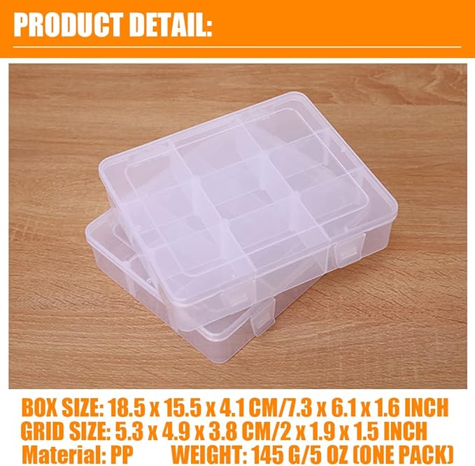 2 Pcs 9 Grids Clear Organizer Box Plastic Storage Container with Adjustable Dividers for Electronics Jewelry Beads Art DIY Crafts Fishing Small Parts