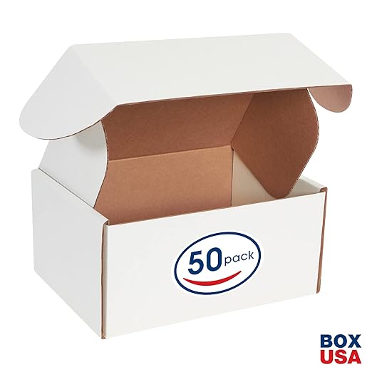 Box USA 12" Deluxe Shipping Boxes 12 1/8"L x 9 1/4"W x 6"H, 50-Pack - White Box Mailers for Packaging, Storage, Gifts or Bulk Business Orders